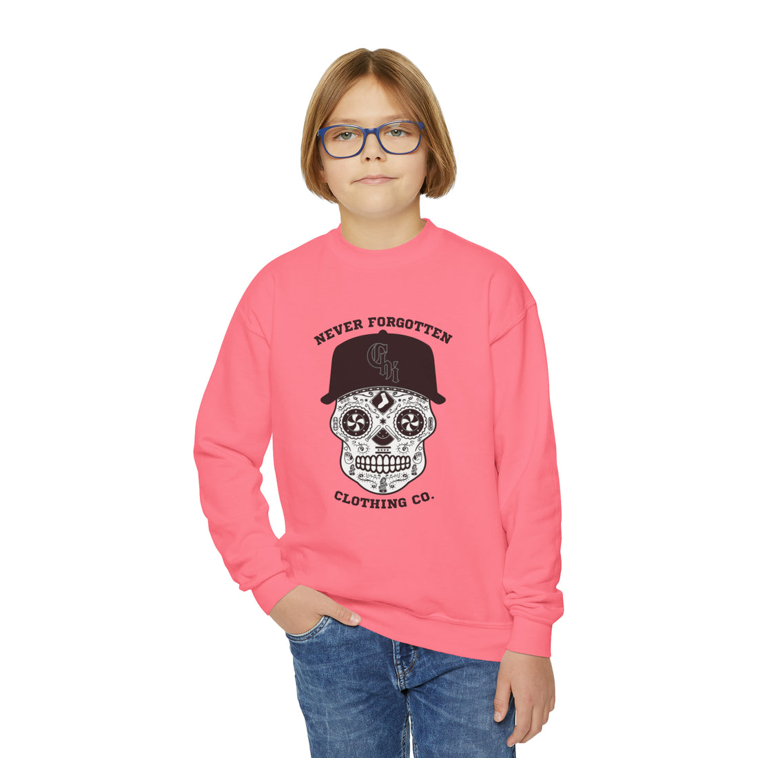 CHICAGO SOUTH-SIDE SKULL YOUTH Crewneck Sweatshirt- $4 from each purchase donated to mental health services for first responders and their families.