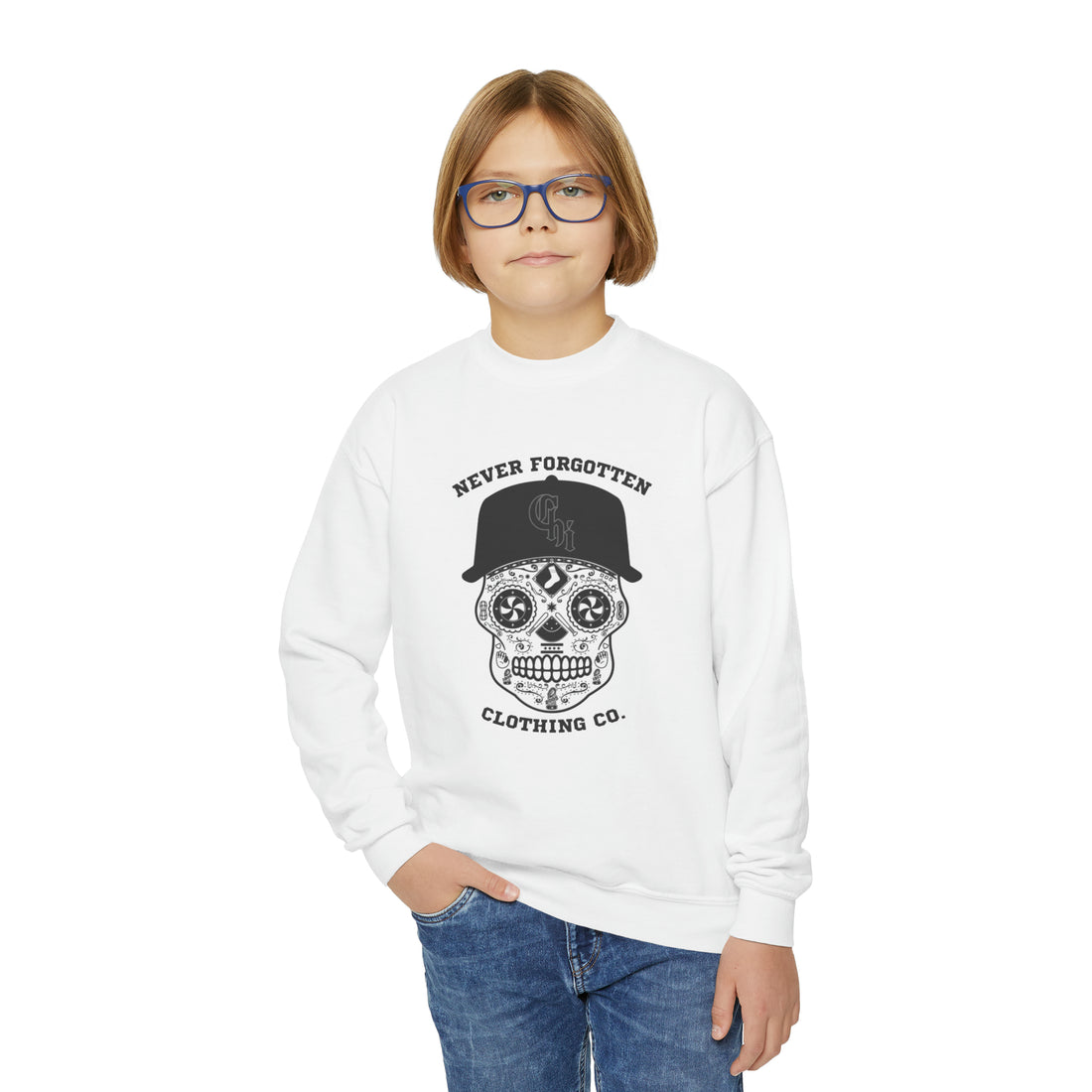 CHICAGO SOUTH-SIDE SKULL YOUTH Crewneck Sweatshirt- $4 from each purchase donated to mental health services for first responders and their families.