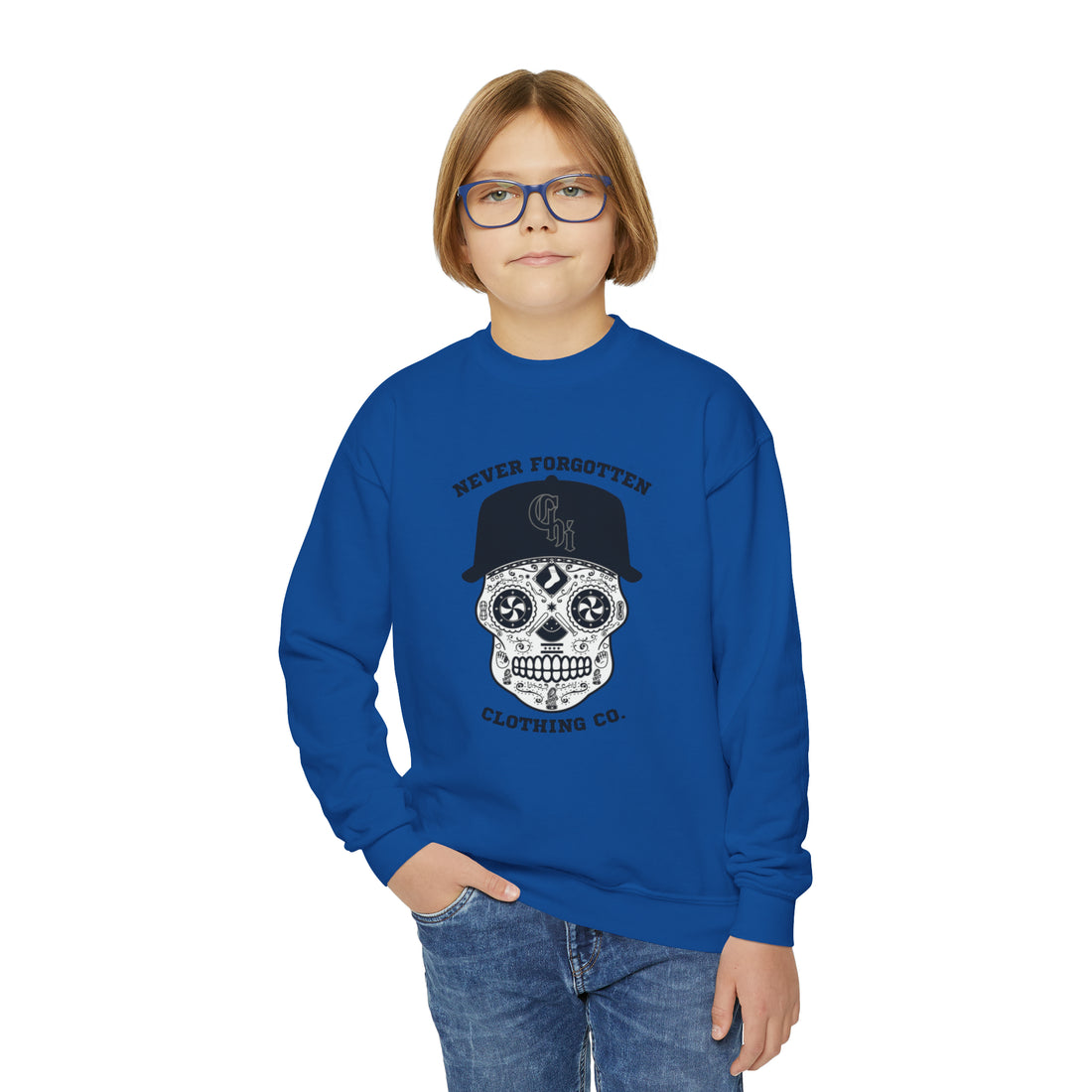 CHICAGO SOUTH-SIDE SKULL YOUTH Crewneck Sweatshirt- $4 from each purchase donated to mental health services for first responders and their families.