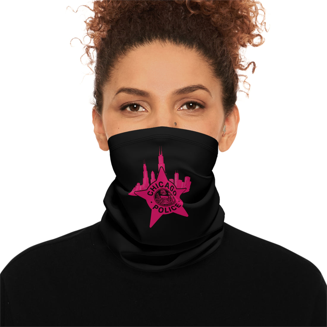 Winter Neck Gaiter — Grey Drawstring Face Scarf with Pink CHICAGO POLICE design