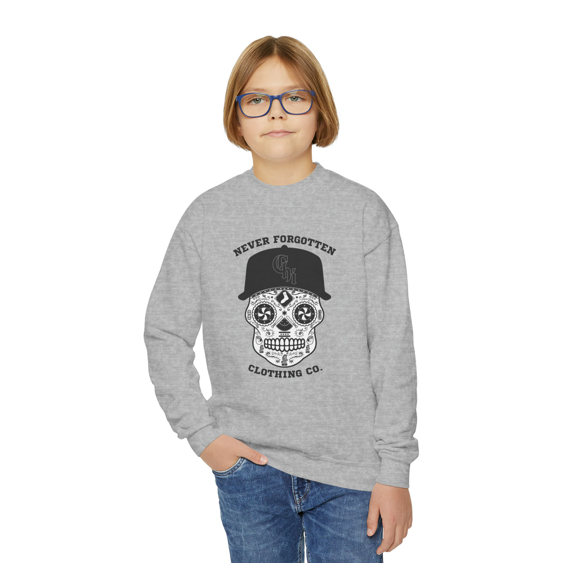 CHICAGO SOUTH-SIDE SKULL YOUTH Crewneck Sweatshirt- $4 from each purchase donated to mental health services for first responders and their families.